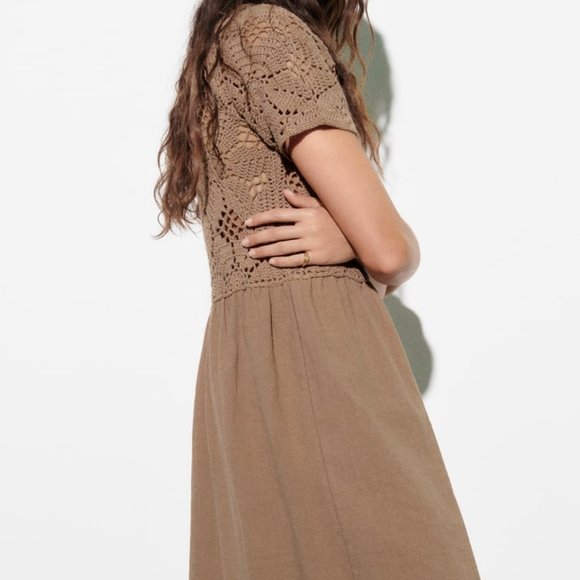 NWT ZARA MIXED MACRAMÉ KNIT MIDI DRESS EARTH - REF. 3653/011 S - Picture 2 of 7